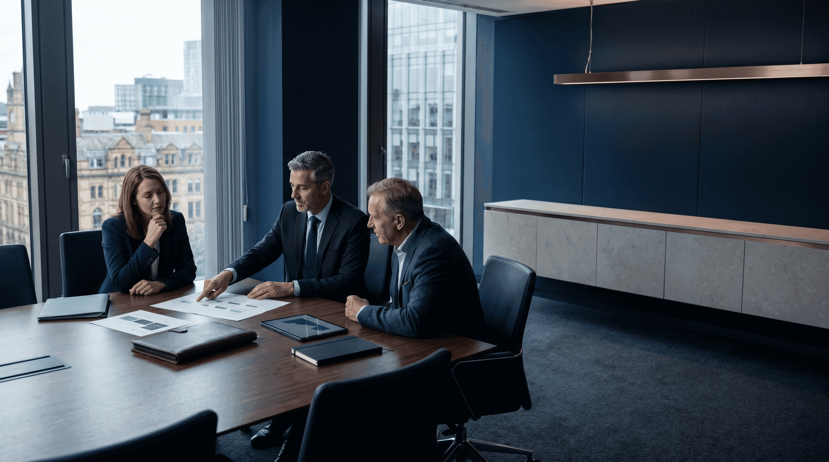 Leadership team reviewing a commercial growth strategy in an elegant institutional blue boardroom.