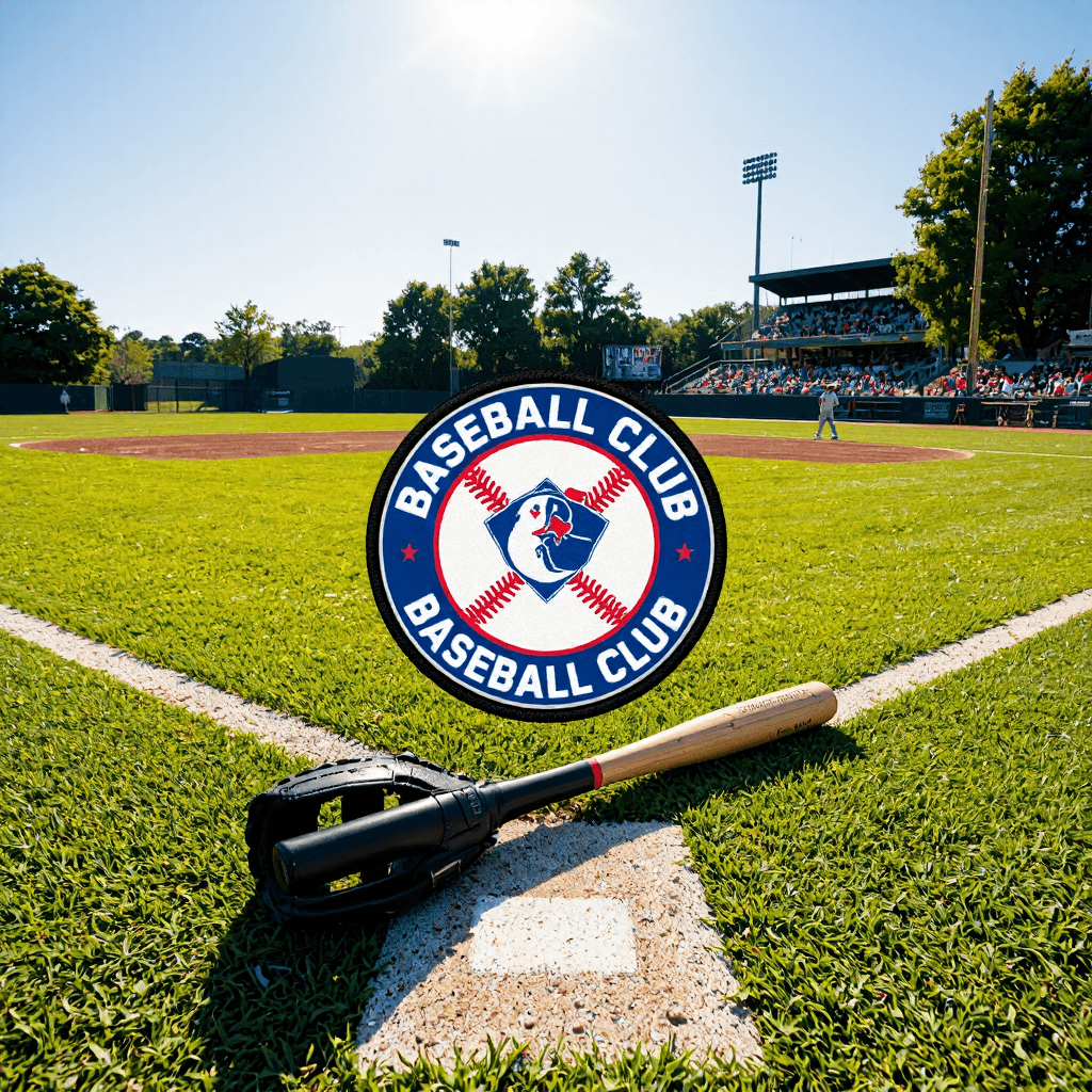 product photography of a round baseball club emblem patch