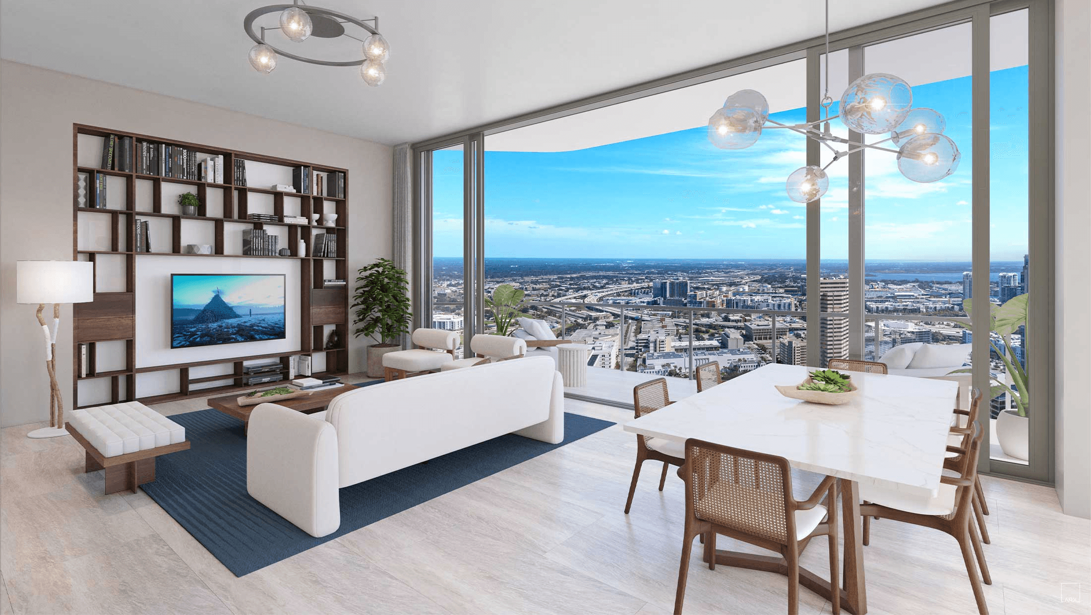 Interior rendering of One Tampa luxury residence featuring open floor plan living space with floor-to-ceiling windows and city views