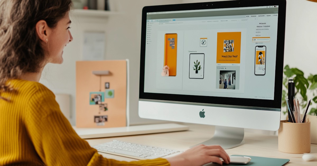 A designer customizing a Framer template on an iMac, with website layout components and mobile previews visible on screen.