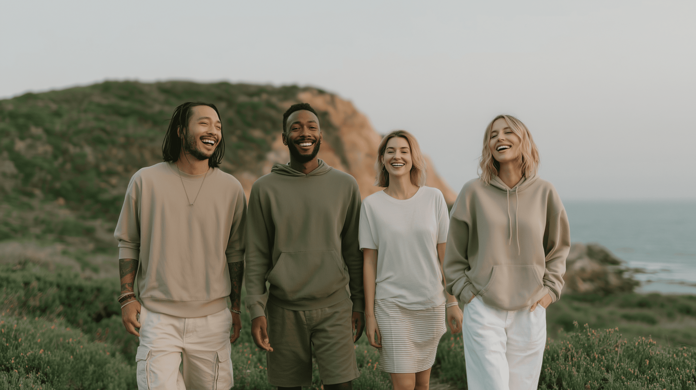Four friends laughing together outdoors in natural light, dressed in neutral casual outfits.
