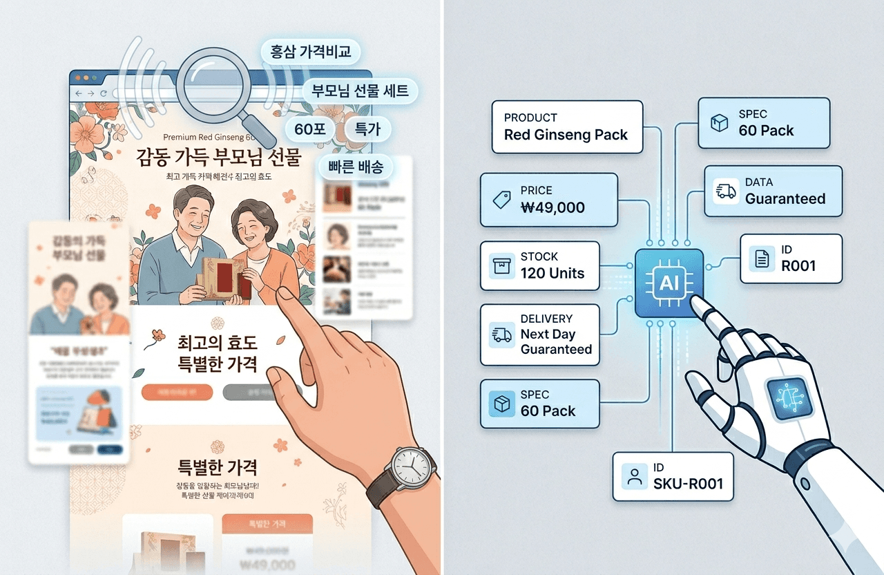 Comparison between a human searching a retail website and an AI agent processing structured product data.