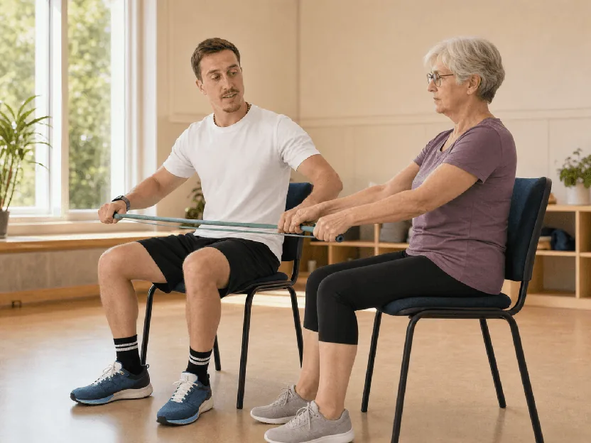 Clément adapte un exercice avec élastique pour une senior