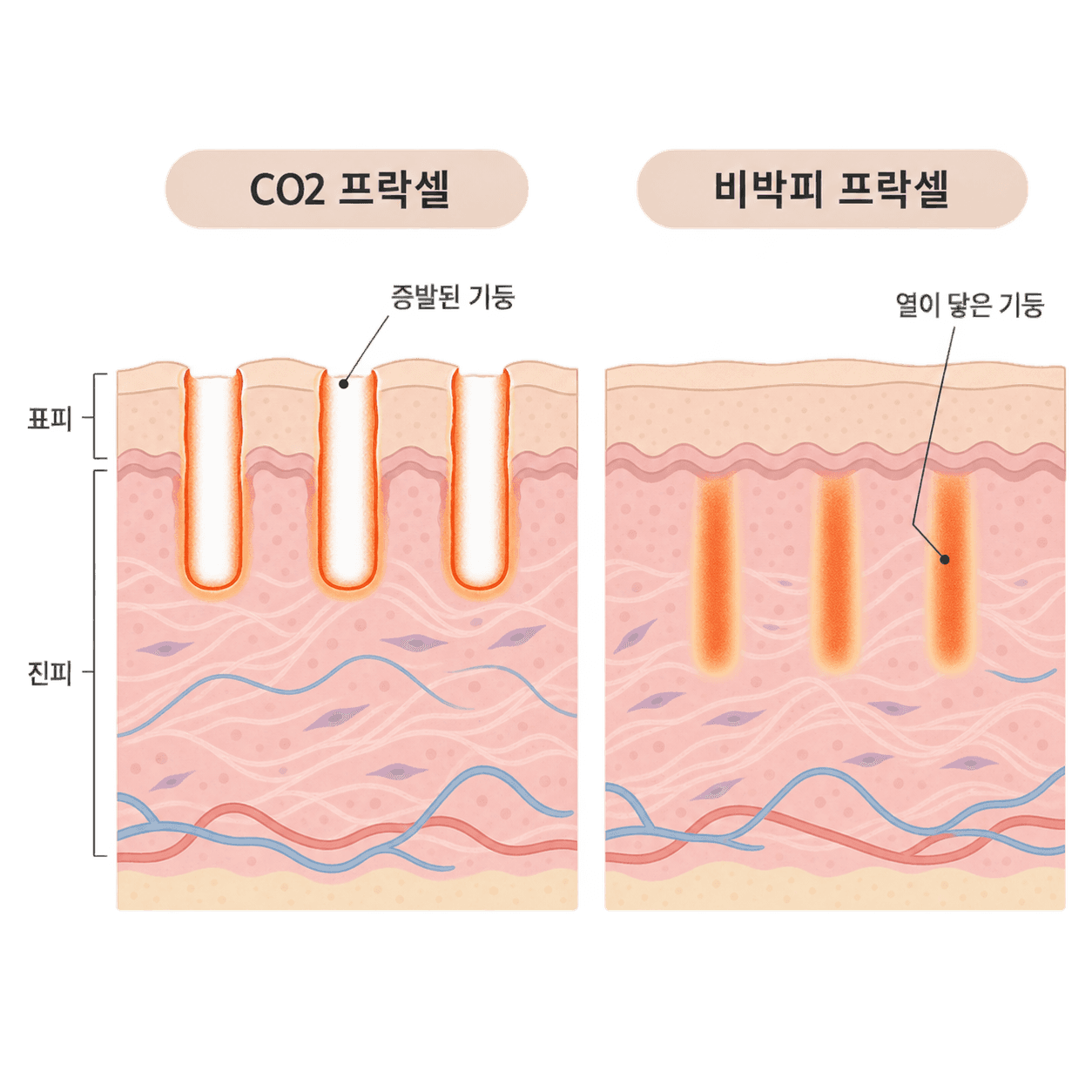 CO2 프락셀은 표피까지 구멍을 내고, 비박피 프락셀은 표피를 남긴 채 진피에만 열을 넣어요.