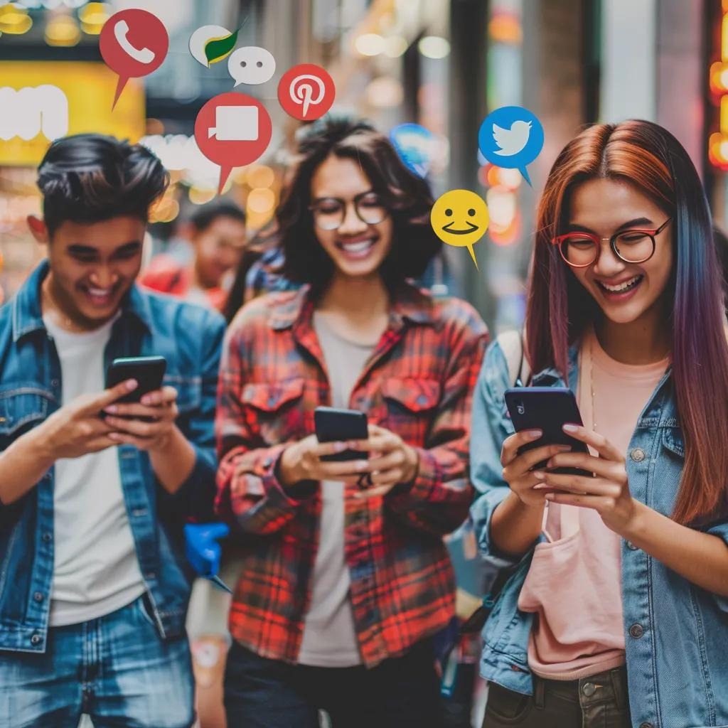 Diverse group sharing excited moments on smartphones in a lively city setting — connection and shareable content