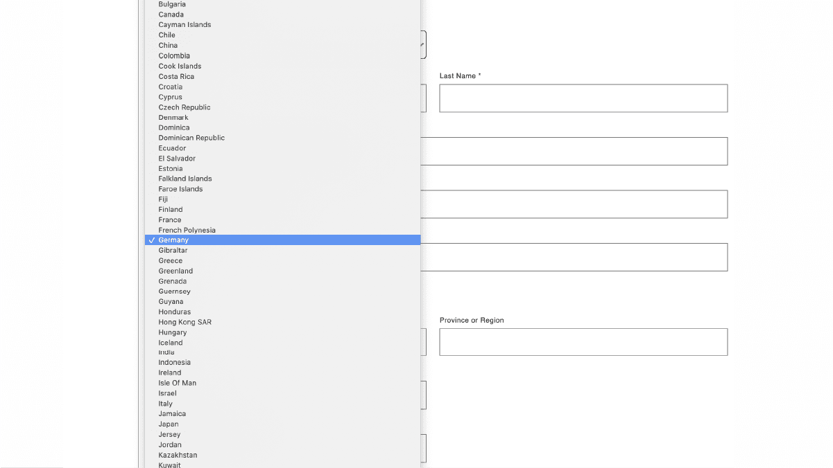 Screenshot of a long nationality dropdown menu on a form showing poor UX design