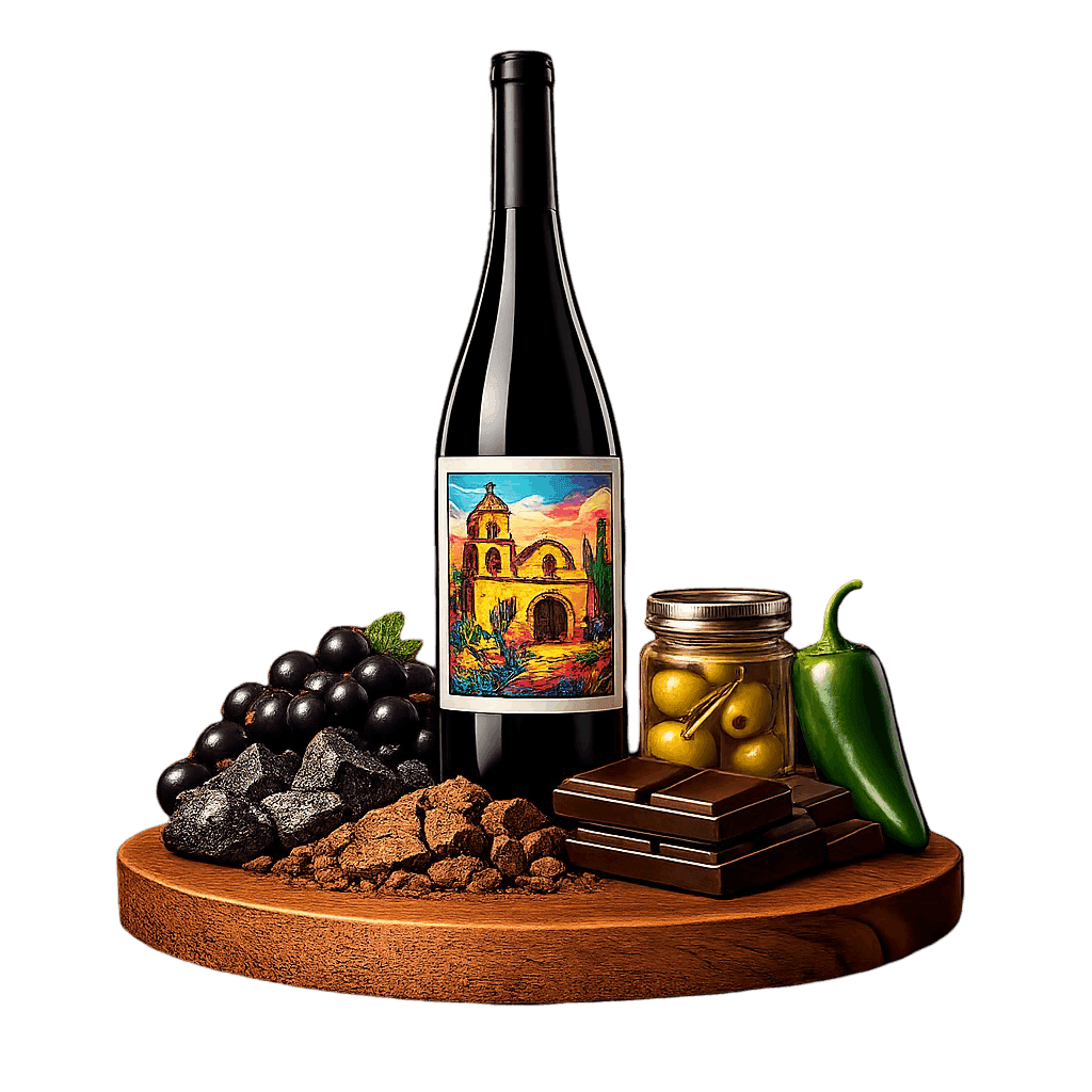 Artistic label and flavor profile for Valle de Guadalupe Cabernet Sauvignon on a rustic wooden table.