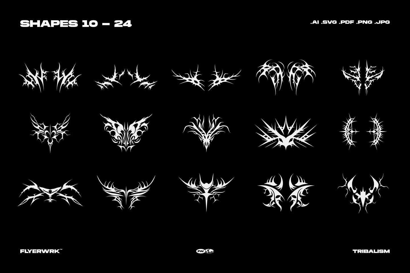 Tribalism vector shapes set preview featuring gothic tribal logo style elements