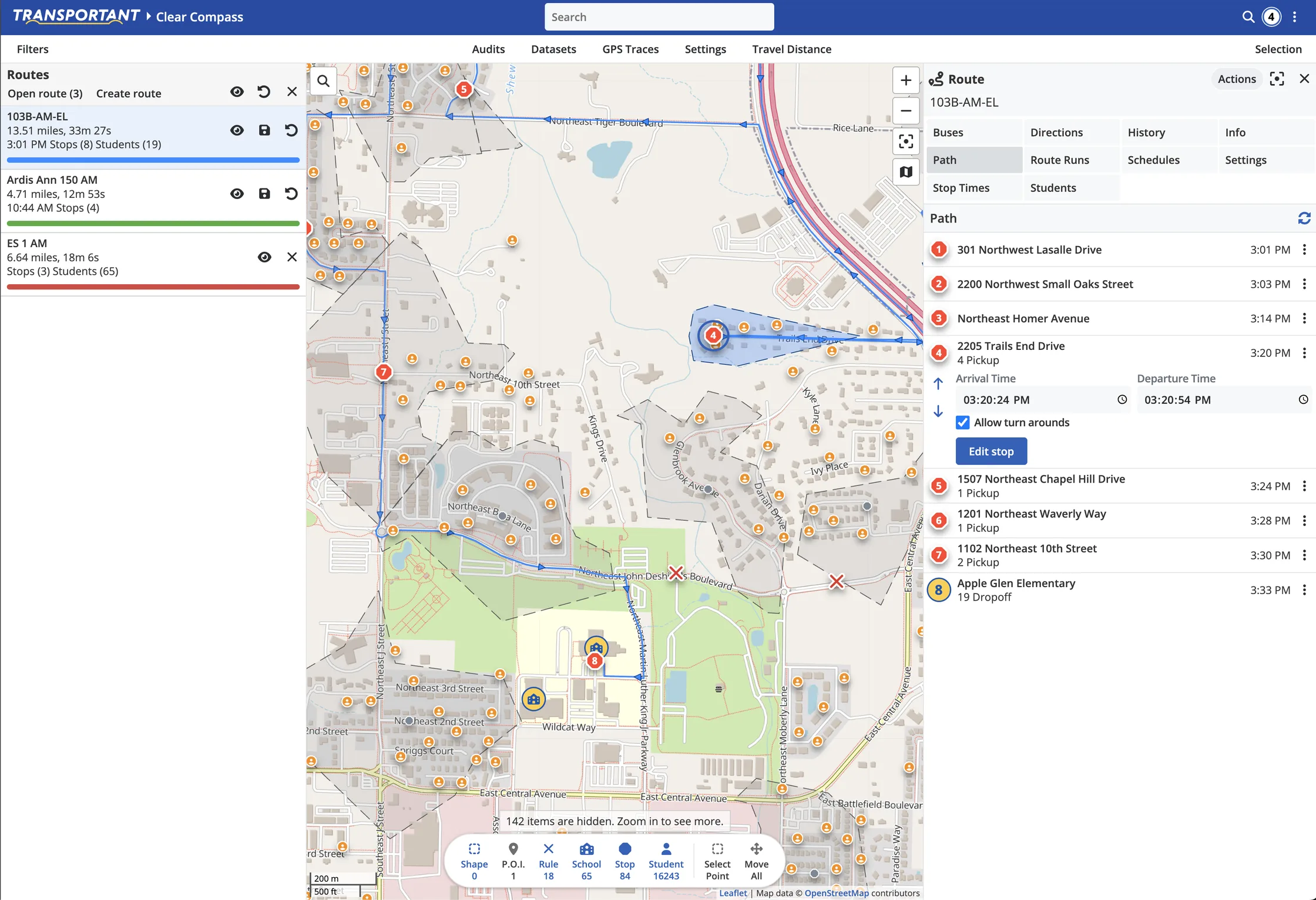 Route builder showing an open route with stops, go and no-go zones drawn on the map