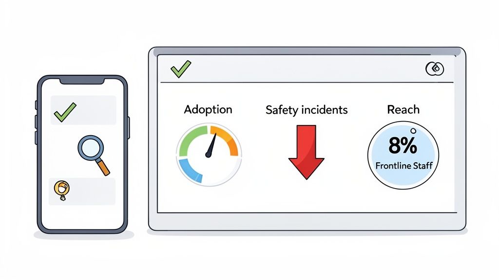 Digital dashboards on a phone and tablet show adoption, reduced safety incidents, and 8% frontline staff reach.