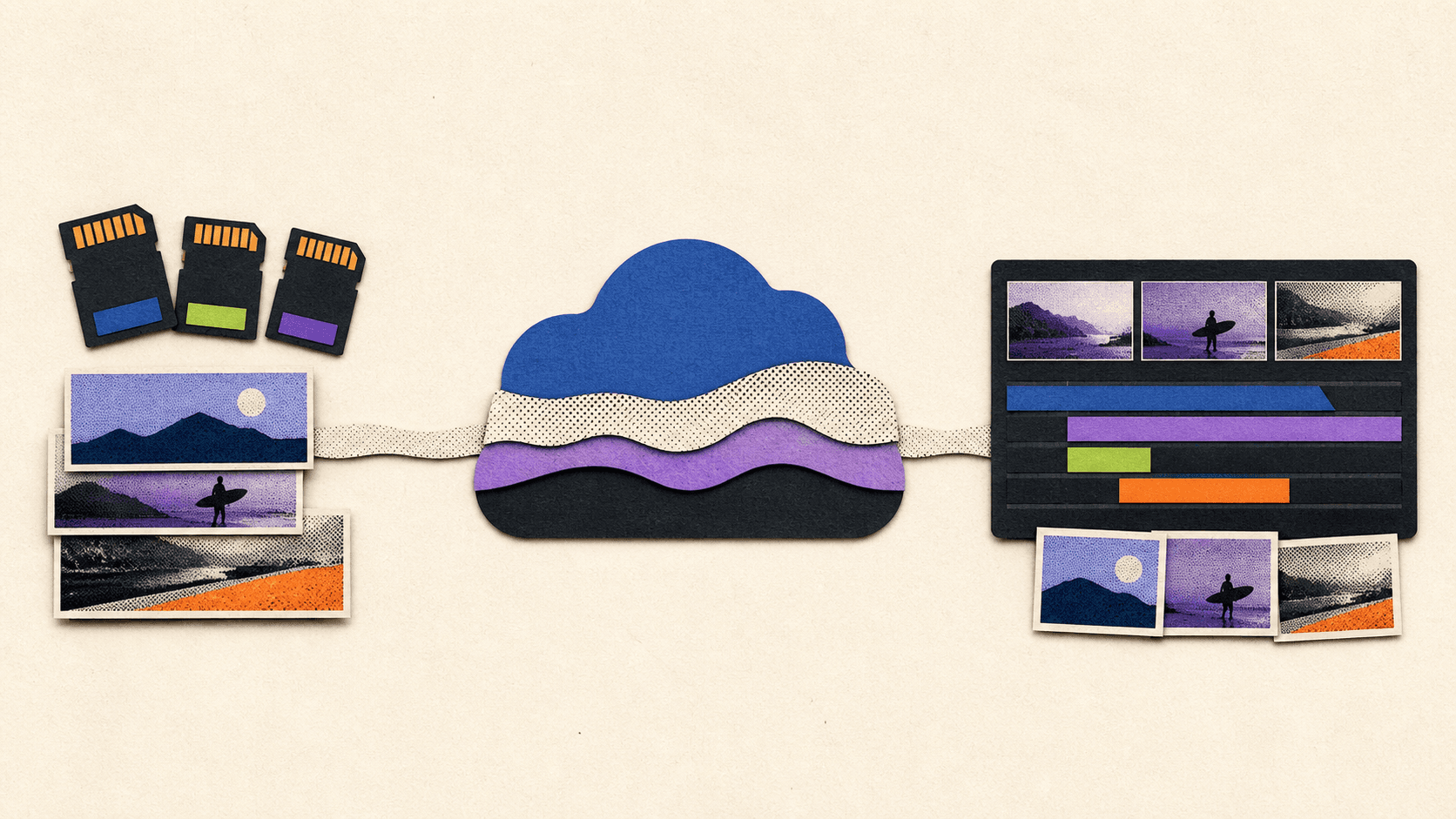 Illustration comparing burst project work, steady monthly editing, and custom cloud PC usage