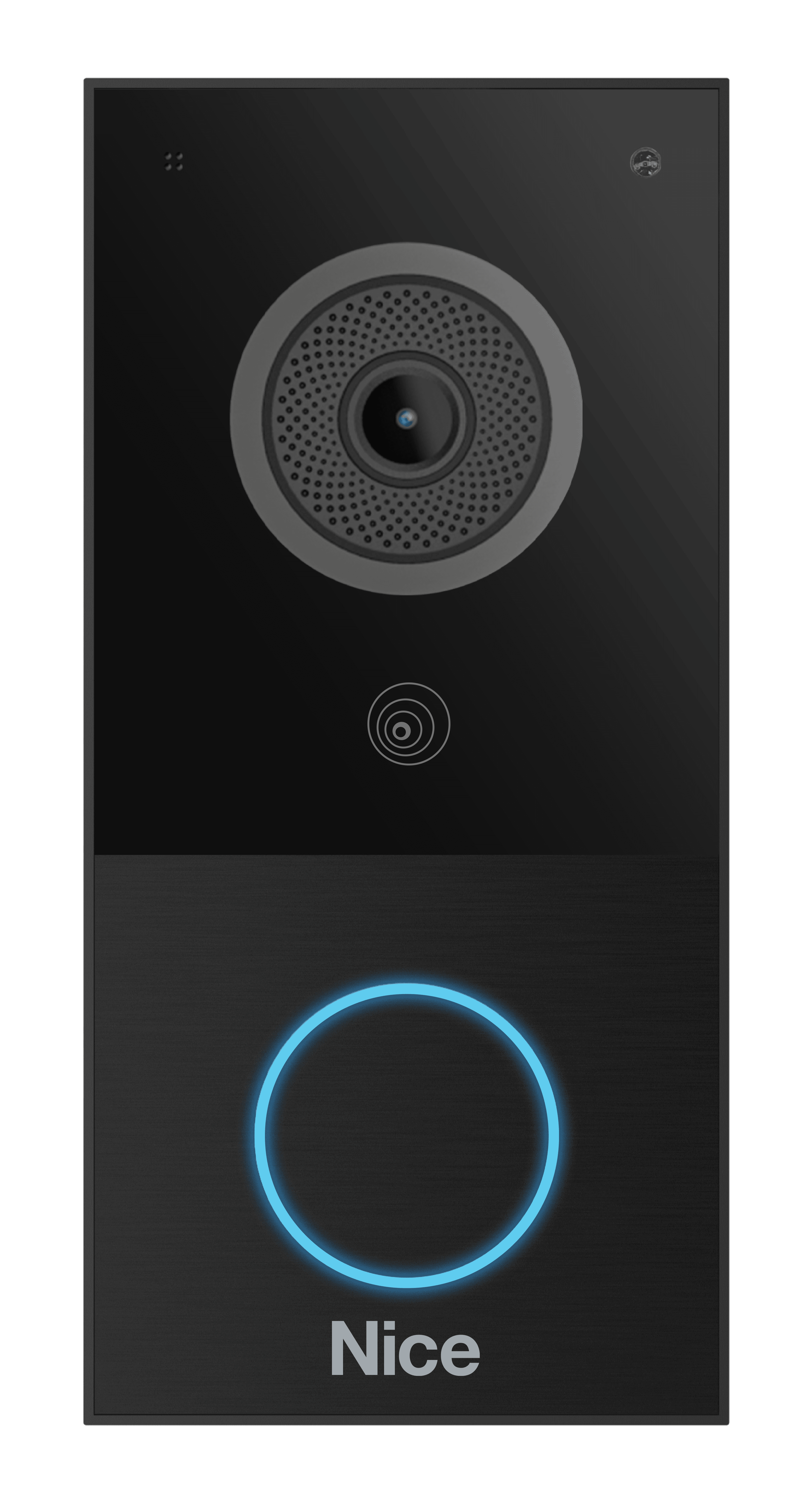 Smart doorbell with camera, speaker, and illuminated button.