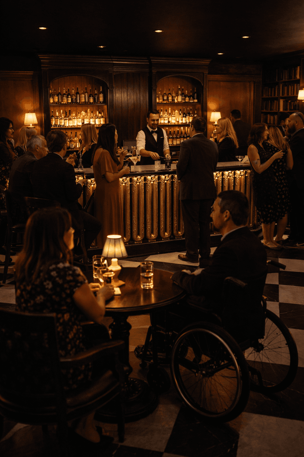 Archive Lounge photo with people gathering at the bar. Woman and man in wheelchair at table enjoying cocktails.