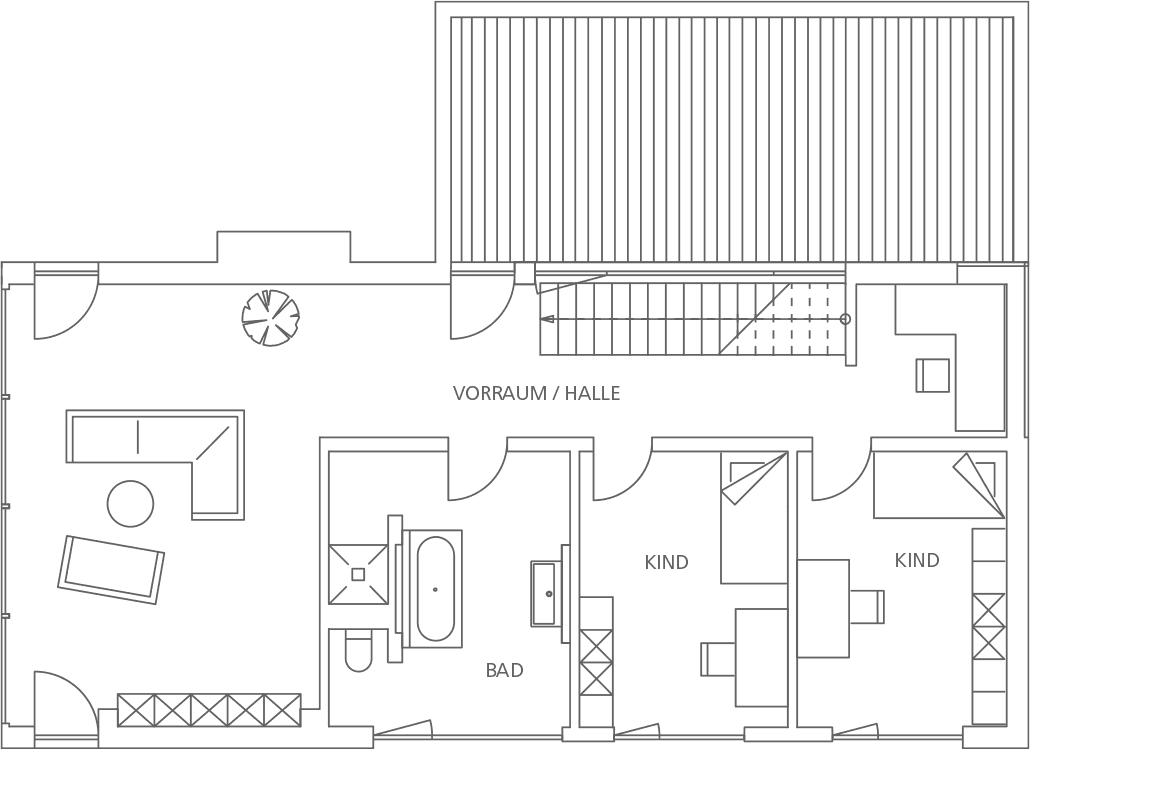 Grundrisszeichnung. EG: Vorraum/Halle, Wohnbereich, Bad, zwei Kinderzimmer. OG: Oberlicht, Dachschräge.