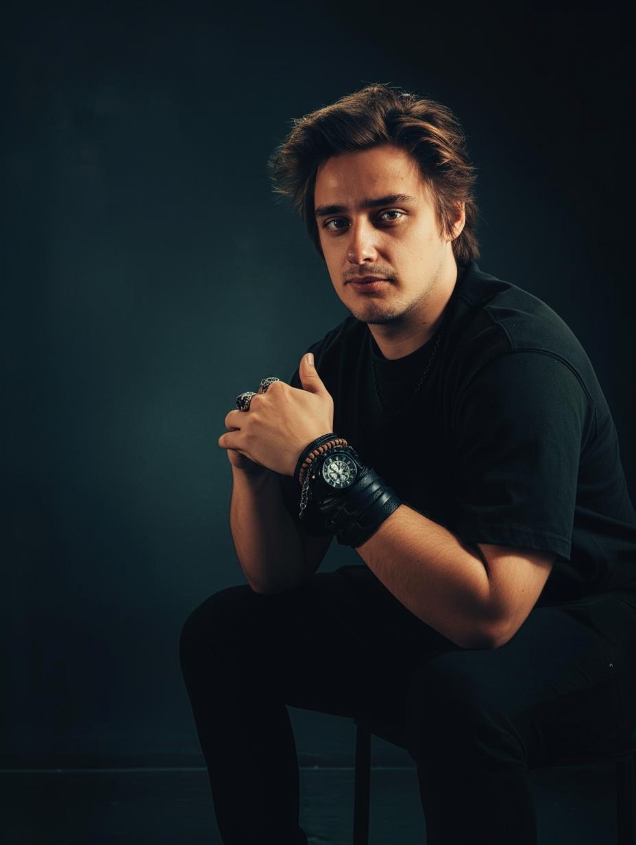 LeShaman sitting in a dark studio portrait.