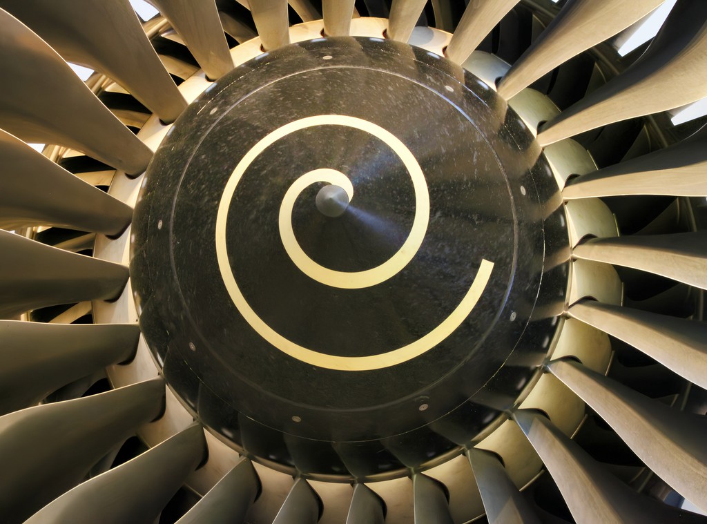 Close-up of a jet engine's fan blades