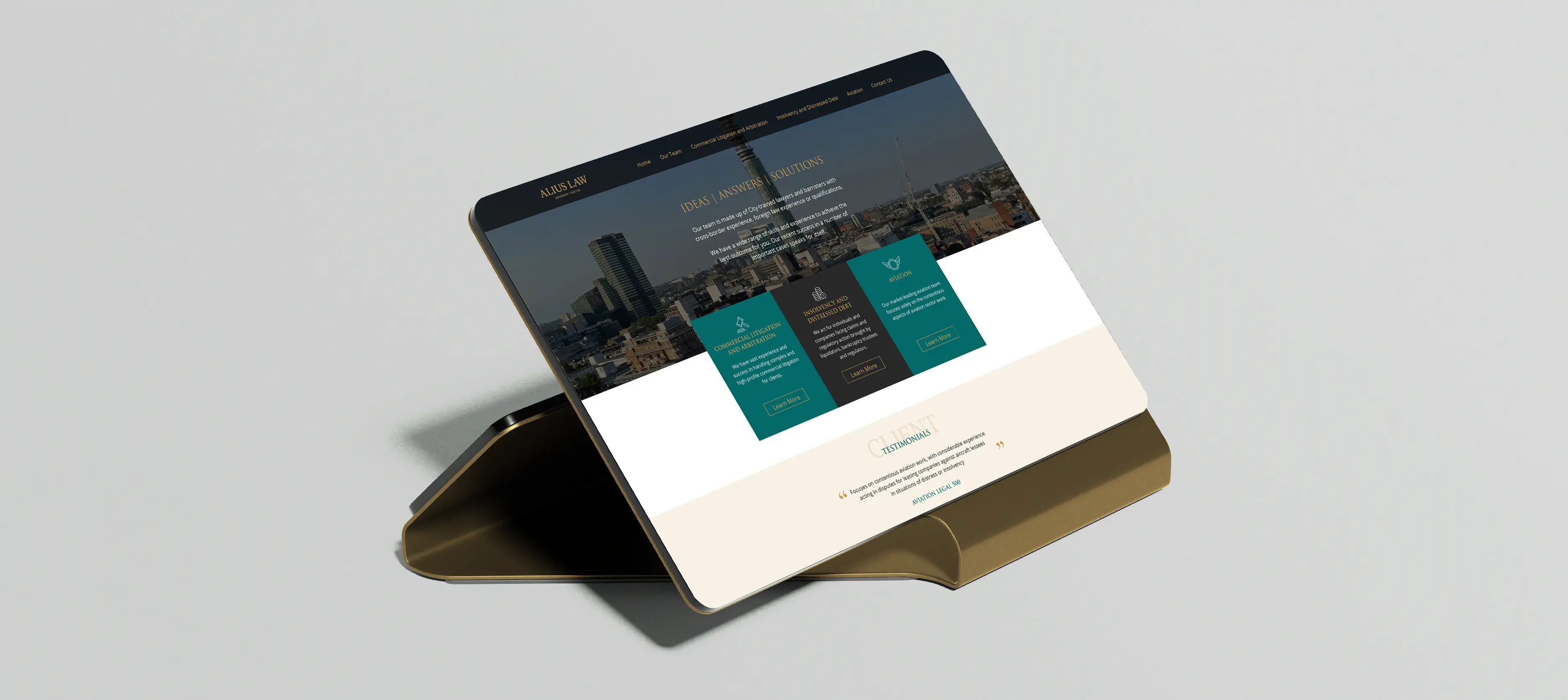 Alius Law website mockup on tablet – clean modern layout with green-gold palette and aviation imagery by Teatime Studio.