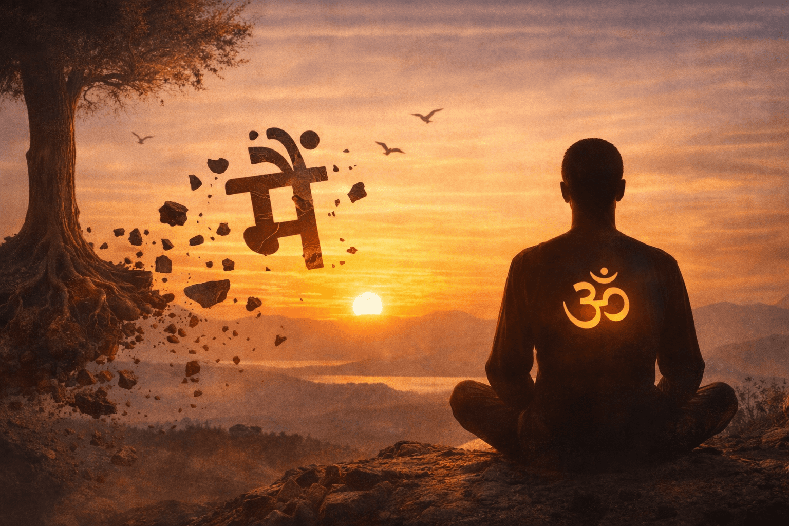 सूर्यास्त के समय पहाड़ पर पद्मासन में बैठा ध्यान करता व्यक्ति, पीठ पर चमकता ॐ चिन्ह और हवा में टूटता हुआ “मैं” शब्द, अहंकार के विघटन और आत्मज्ञान का प्रतीक।