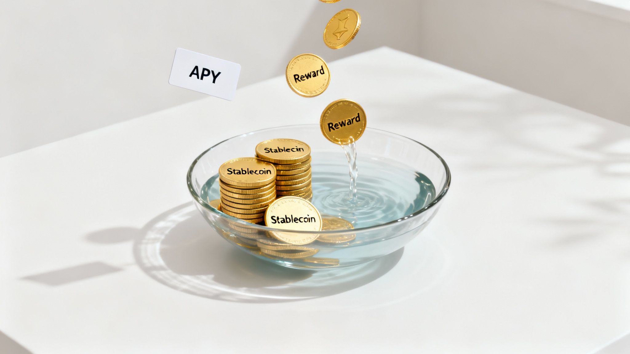 Golden stablecoins in a water-filled bowl, with reward coins and 'APY' card, symbolizing cryptocurrency growth.