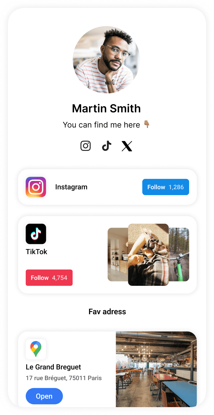 Personal website builder template featuring bio links and social media integration