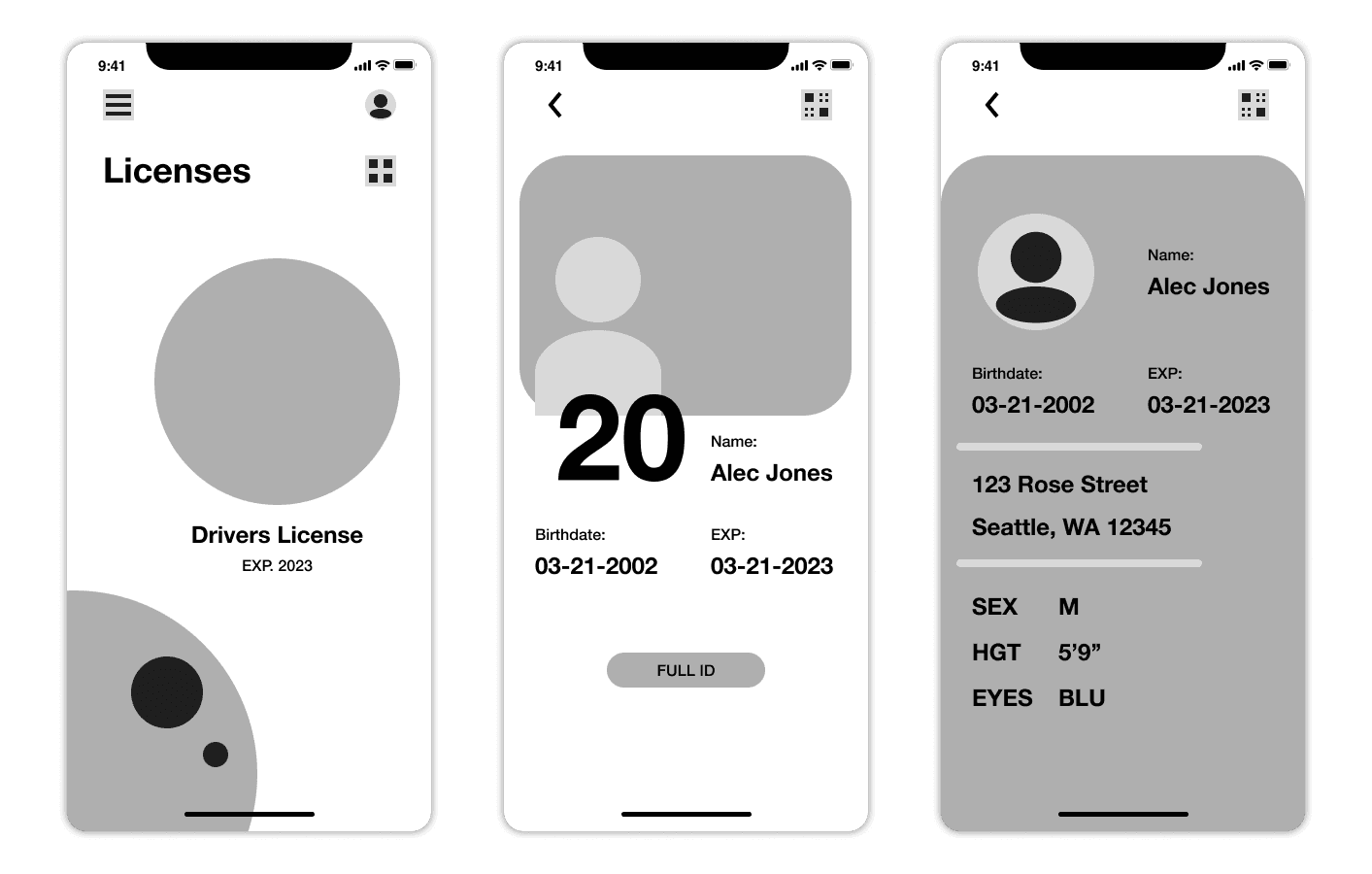 Simple wireframes for the base flow of the product.