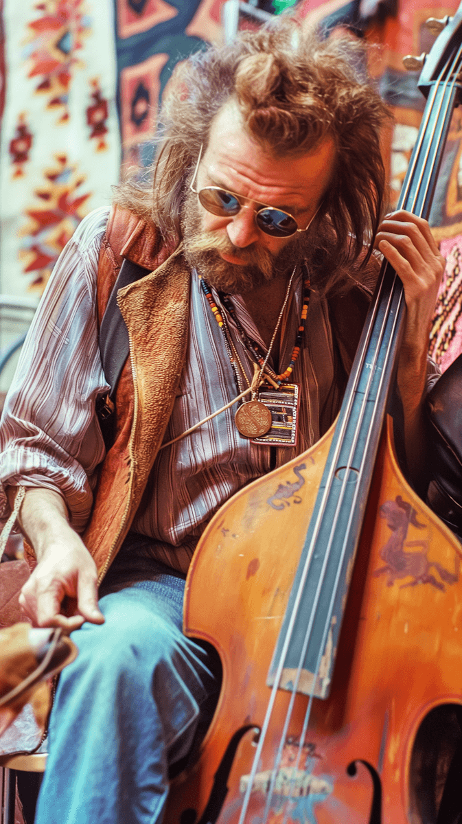 Close-up of a man in a tweed jacket next to a cream and brass robot with rabbit-like