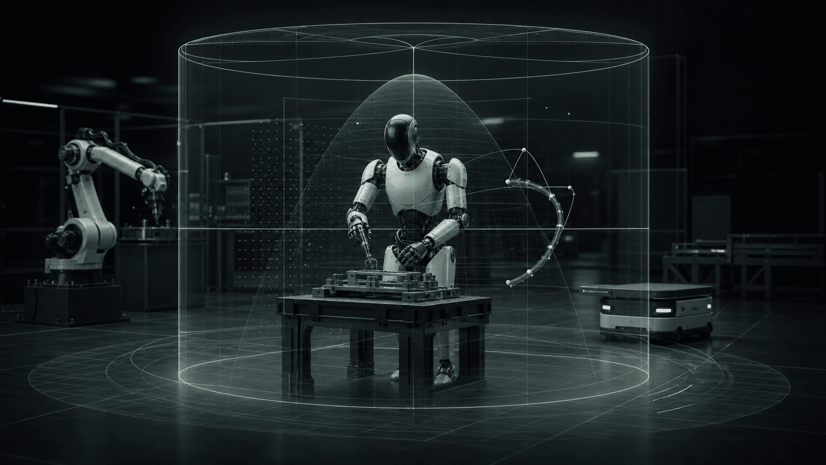 Industrial humanoid robot operating inside a runtime safety envelope with a robotic arm and autonomous mobile robot