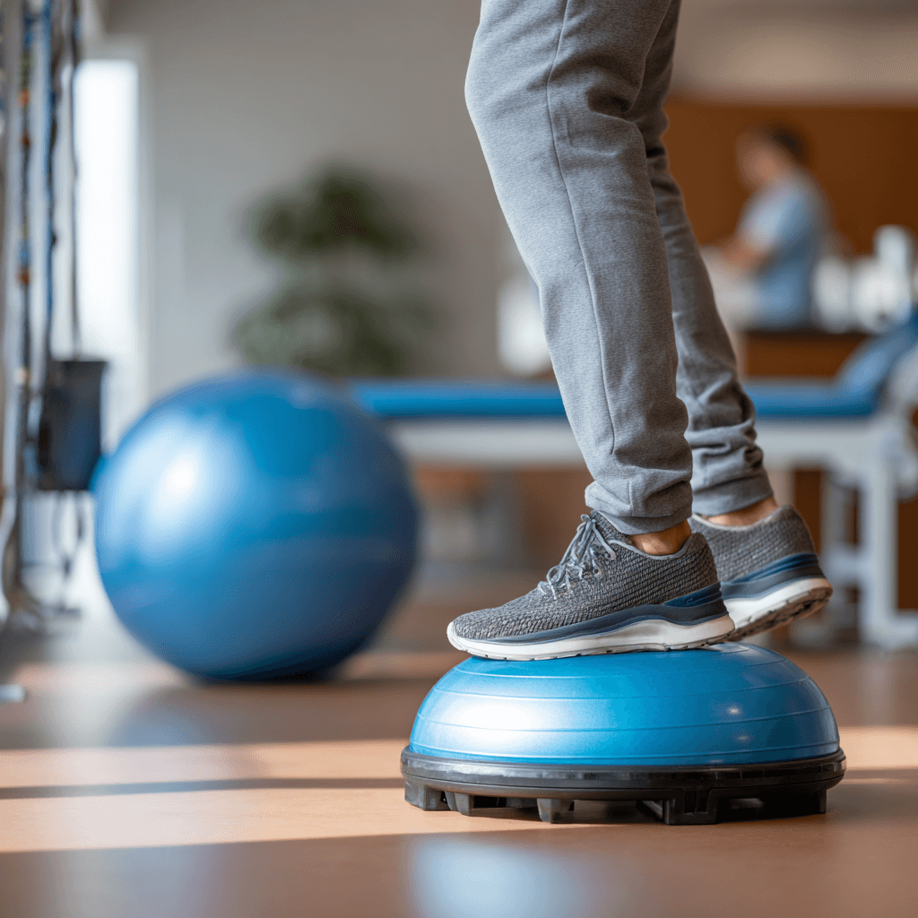An athlete practicing balance and stability exercises on a blue BOSU ball at a sports injury rehabilitation clinic.