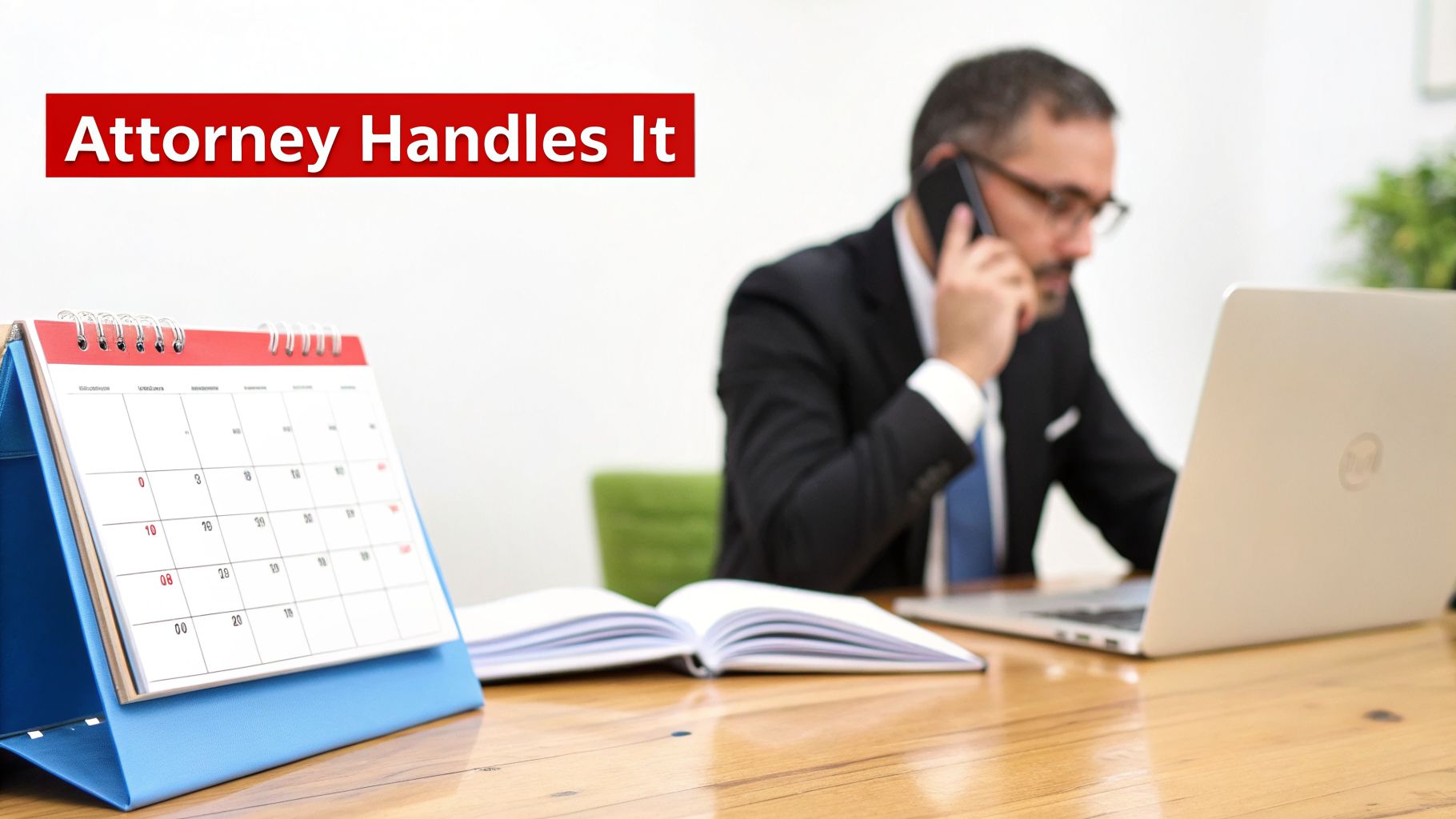 An attorney in a suit talks on the phone while working on a laptop at a desk.