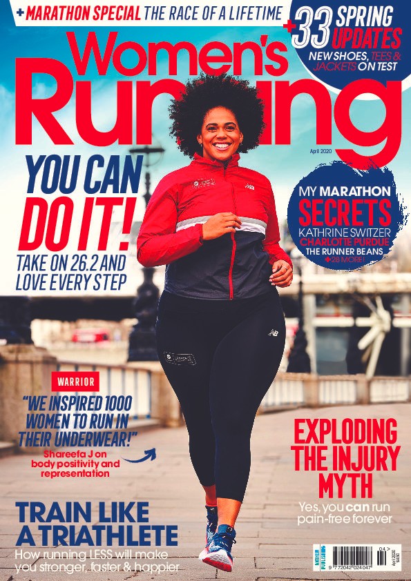 Shareefa J on the cover of Women’s Running magazine in red dress, body positivity feature