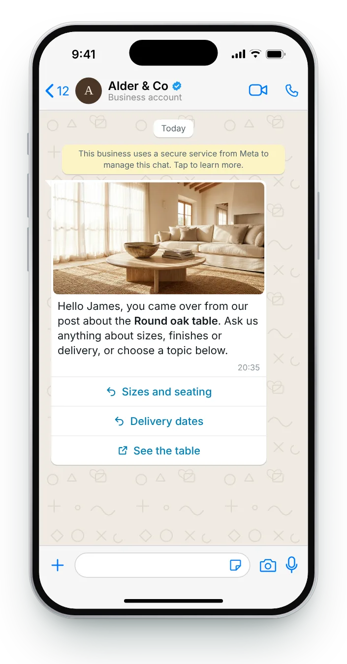 A greeting for people who tapped an ad: WhatsApp greeting message on an iPhone