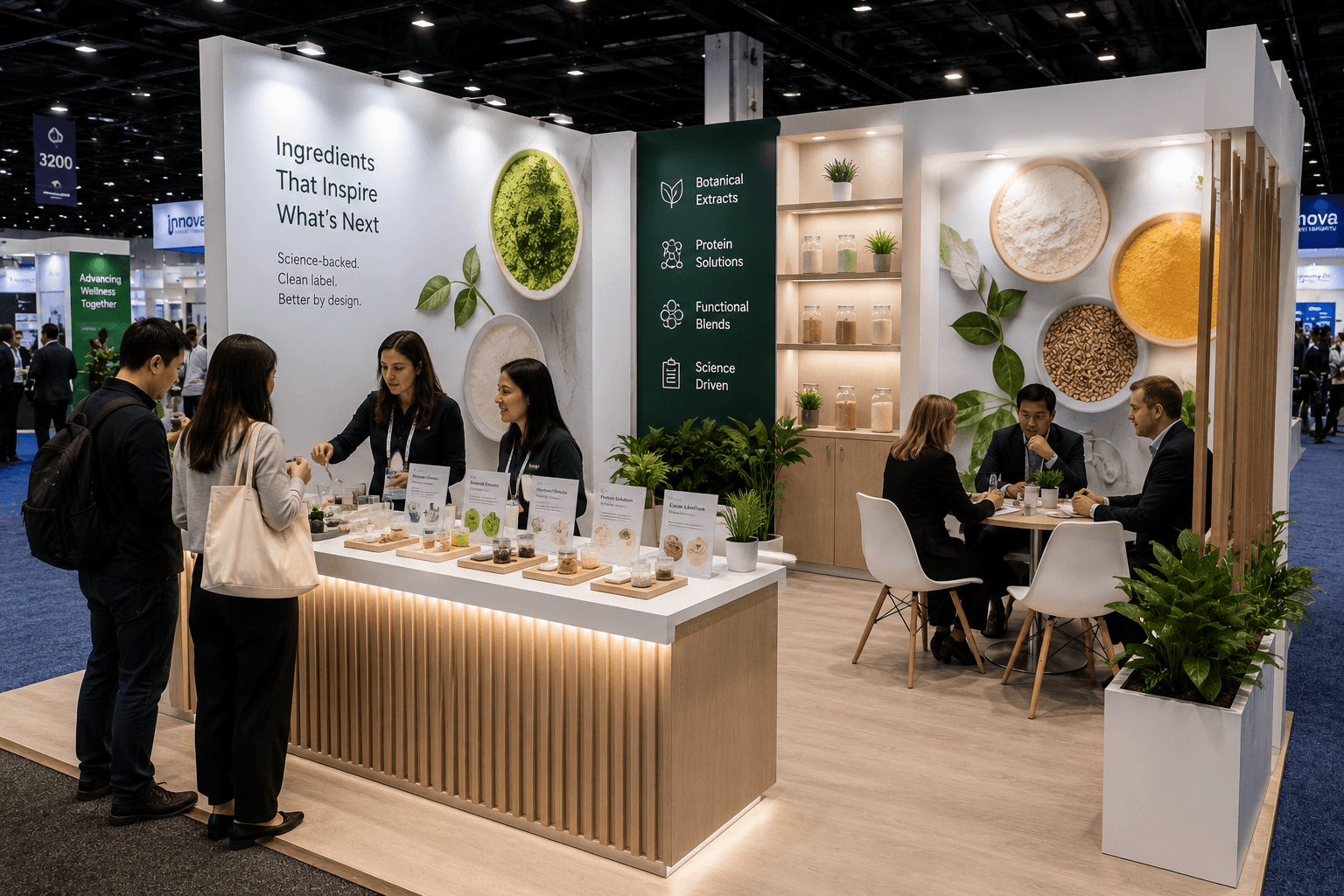SupplySide Global ingredient sampling booth layout with front tasting counter, product display shelves, buyer conversation area, and 20x20 Las Vegas trade show setup