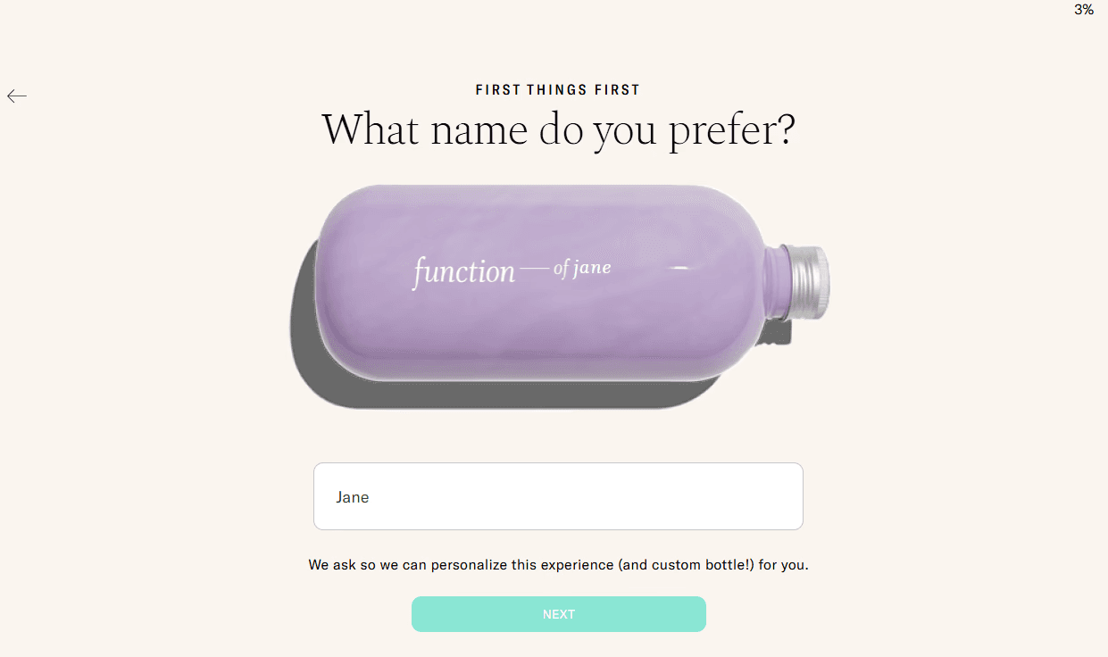 Function of Beauty quiz asking visitors to enter their name for personalized products.