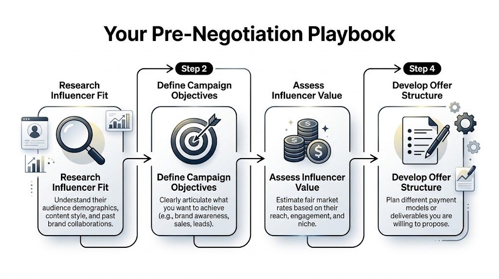 A four-step infographic illustrating a pre-negotiation playbook for collaborating with social media influencers.