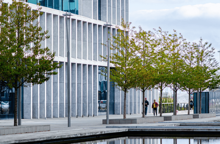 A view of a modern building taken at the street level
