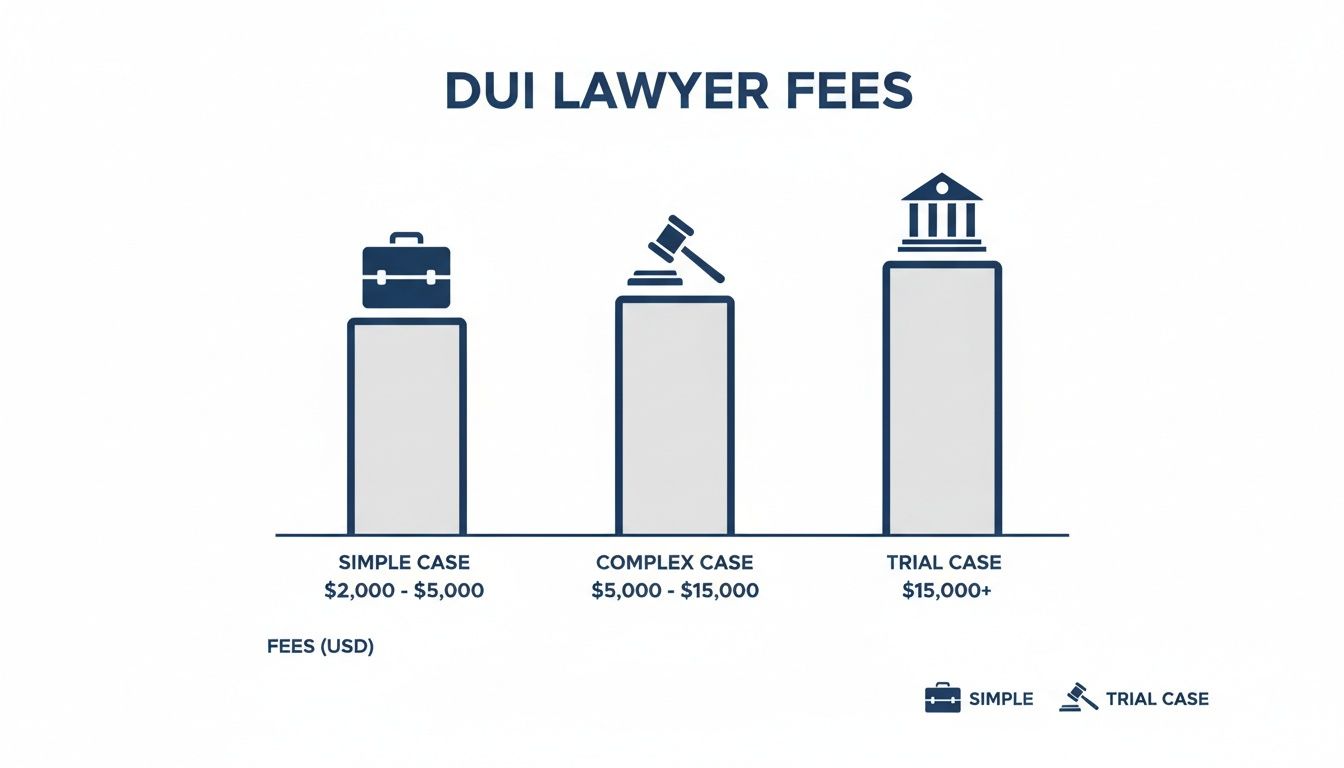 Bar chart illustrating DUI lawyer fees, showing simple, complex, and trial case costs in USD.