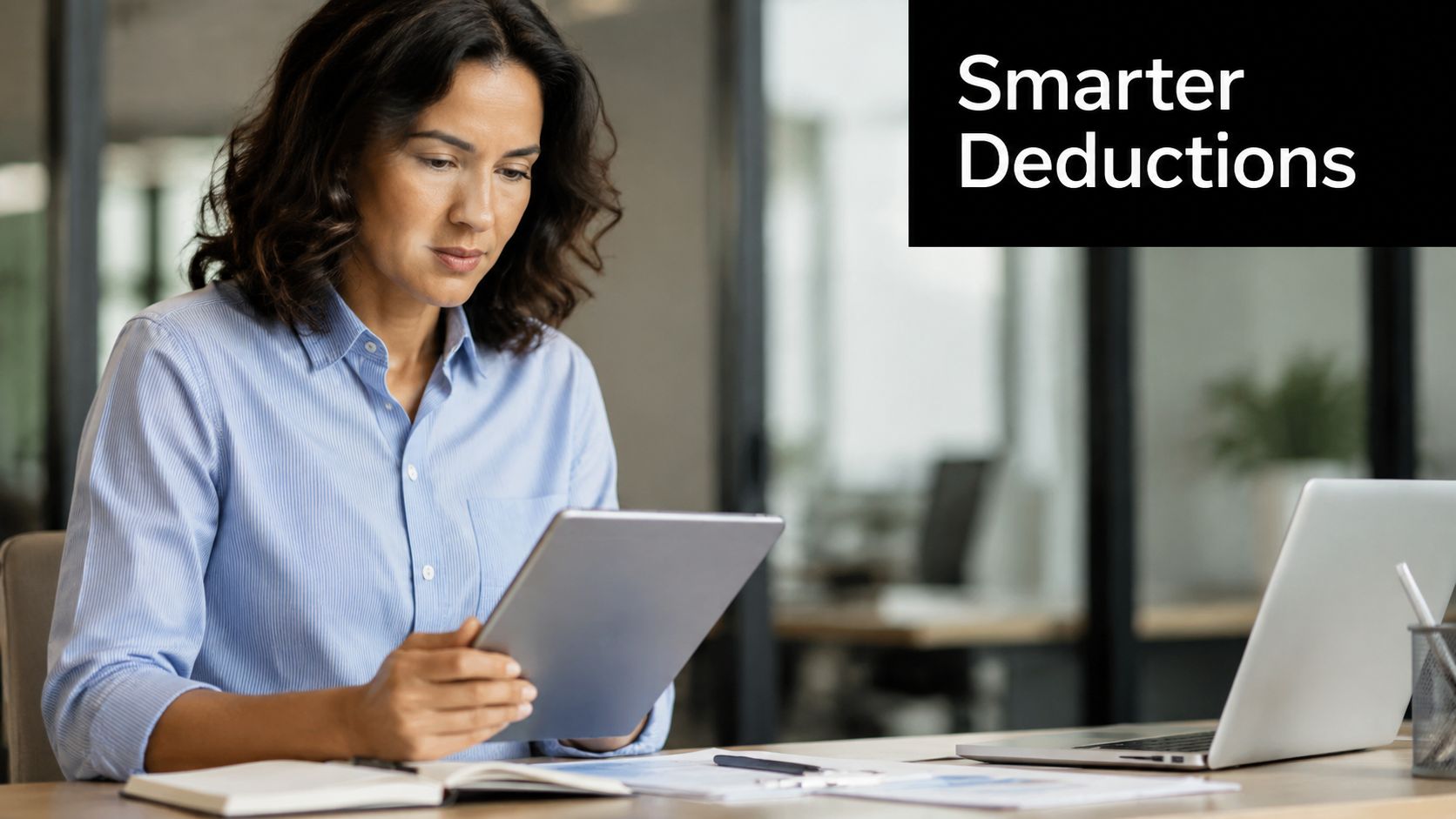 A professional woman in a blue shirt reviewing financial documents on a tablet at her office desk.
