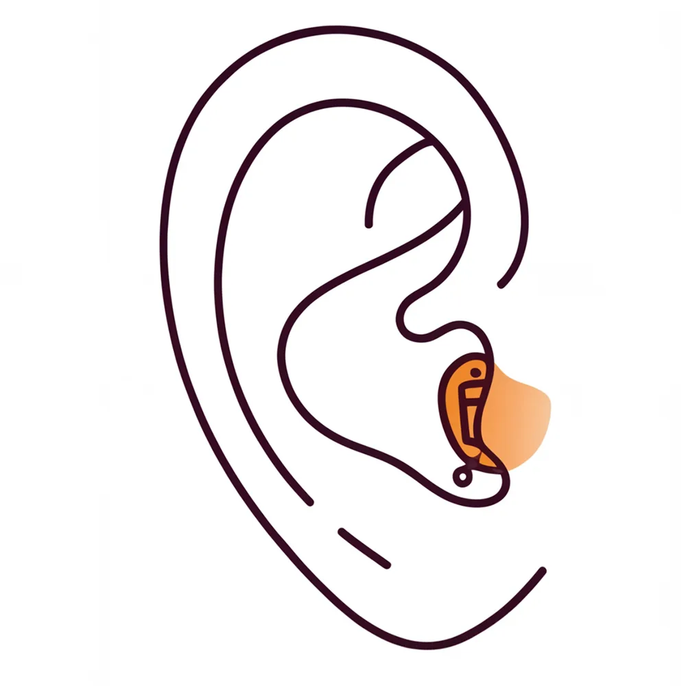 Close-up of a human ear, with wavy hair partially covering it, focusing on the ear's shape and contours.