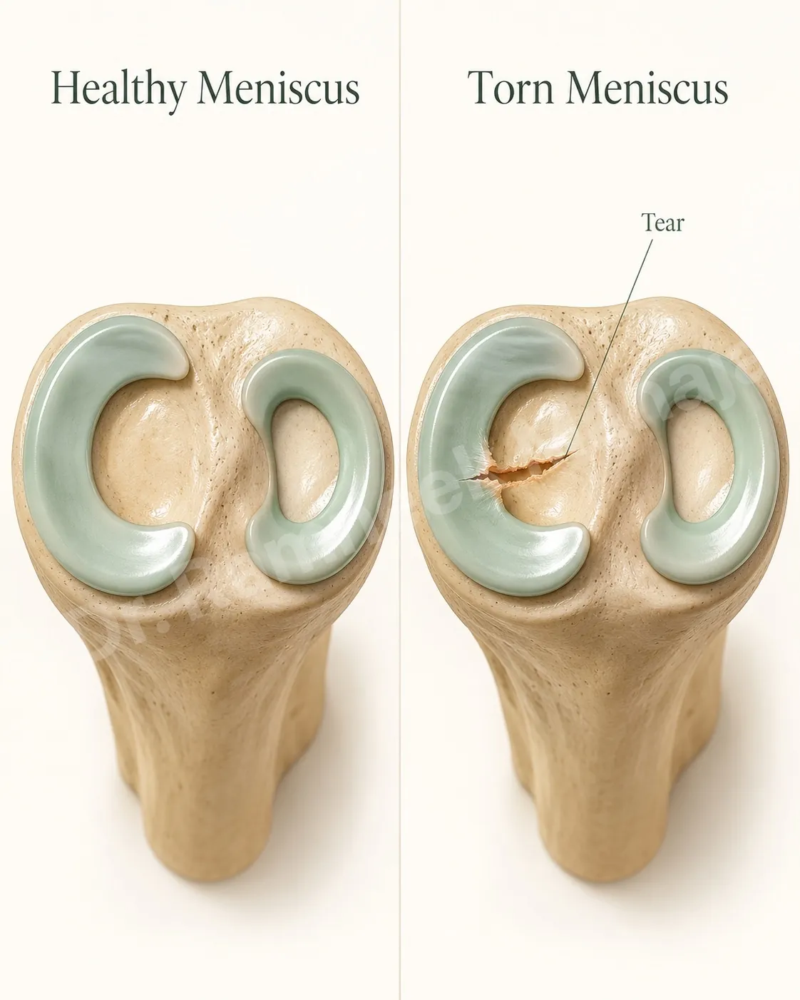 A healthy meniscus is a smooth C-shaped cushion; a torn meniscus has a split through it that can catch or lock the knee.