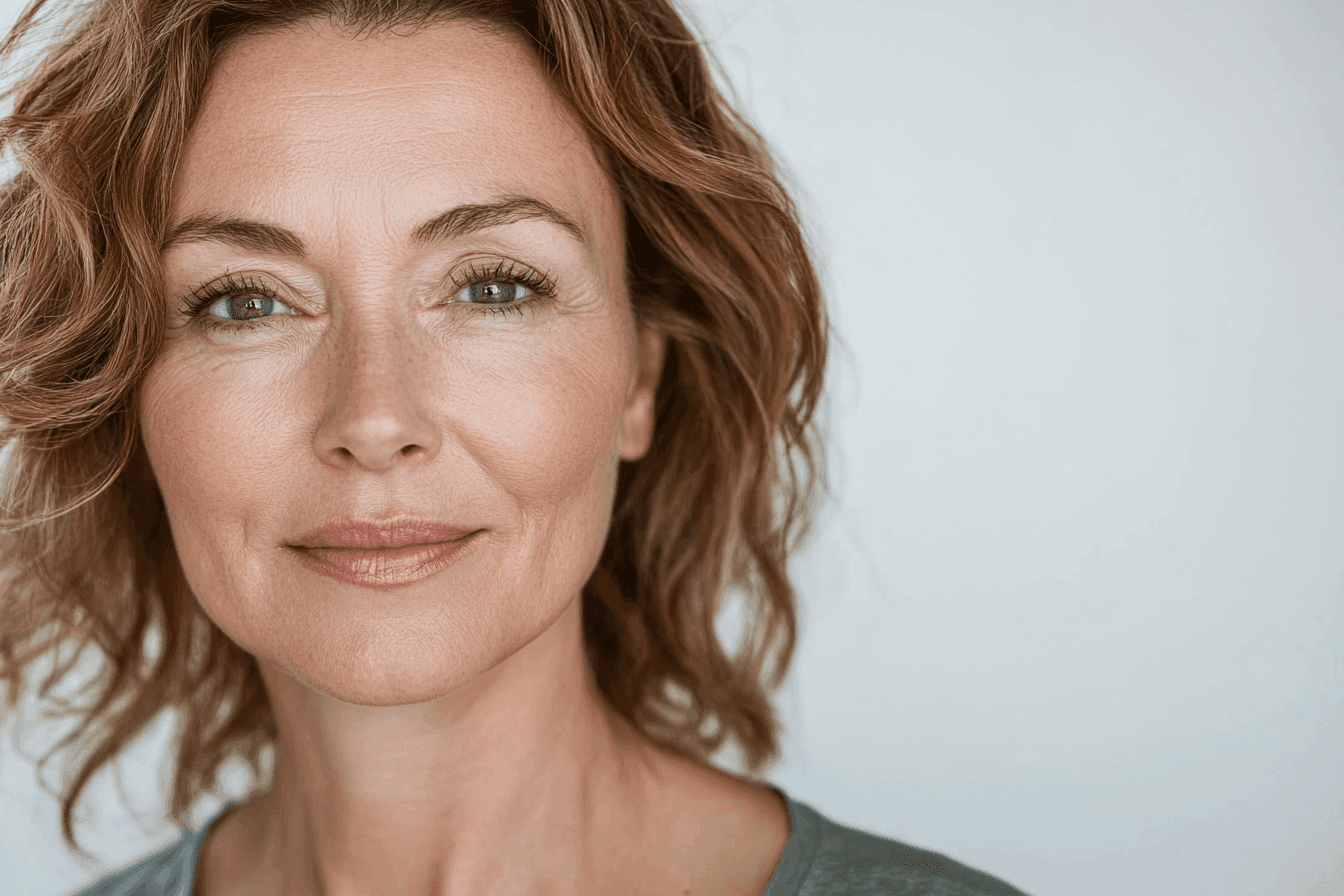 Efekt odmładzającego zabiegu na twarz – promienna i zdrowa skóra dojrzałej kobiety.