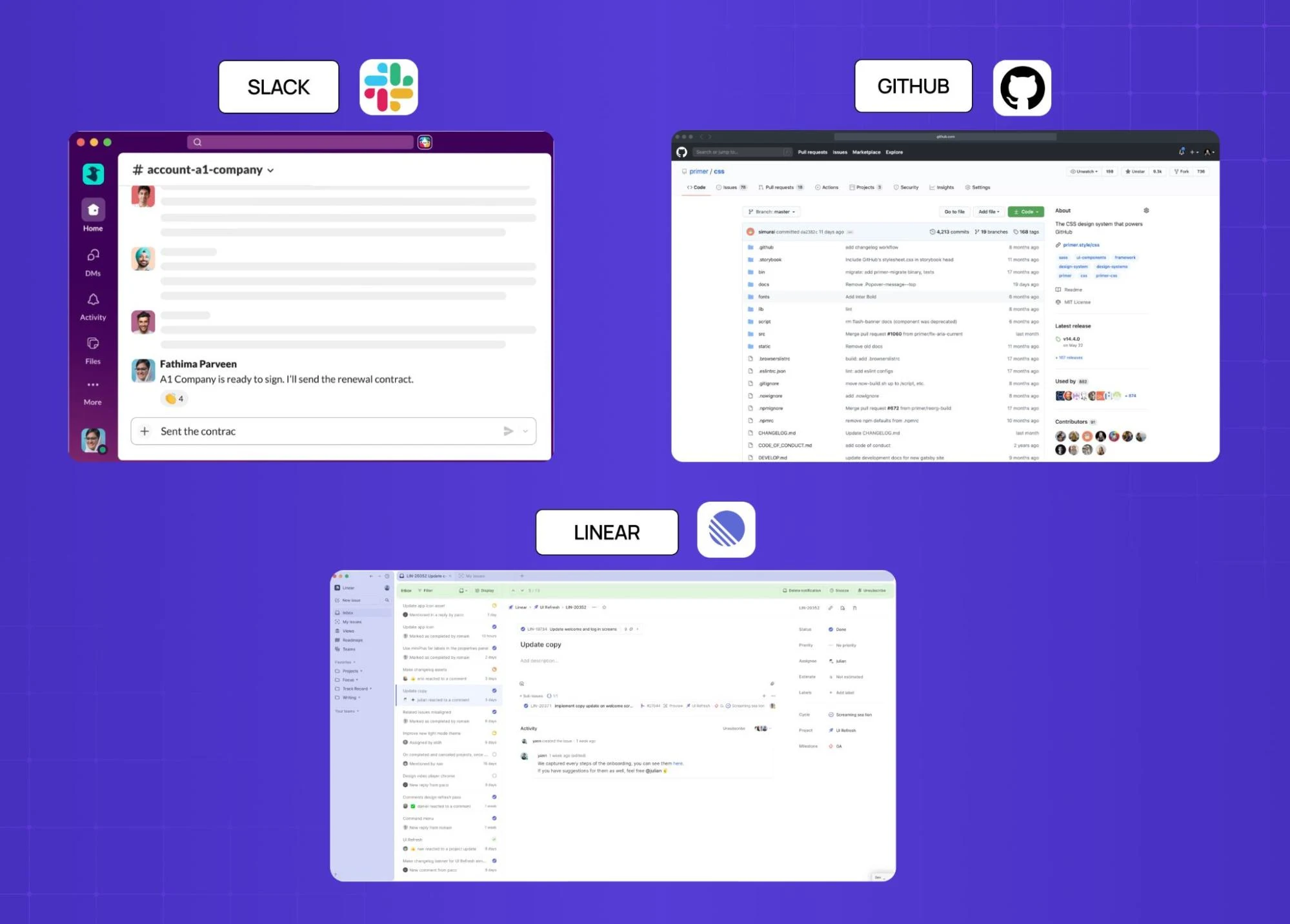 Examples of SaaS interfaces (Slack, GitHub, Linear) showcasing structured layouts and restrained color usage. 