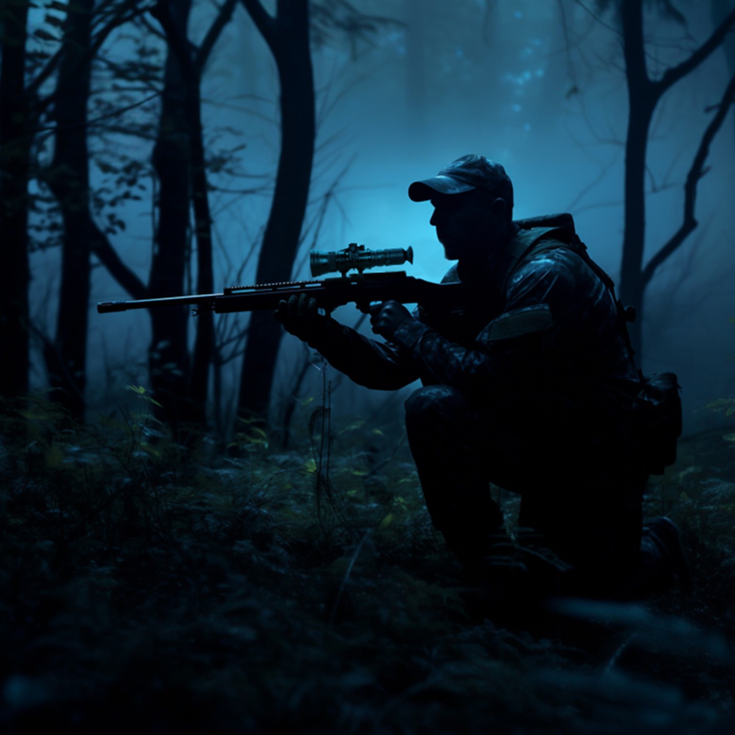 hunting bobbyist using night scope at night