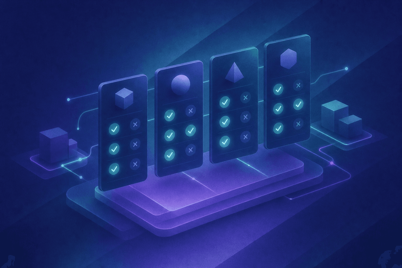 A sleek, modern B2B software comparison dashboard visualization with a dark navy and teal color scheme. Multiple floating UI cards arranged side by side, each representing a different sales tool with glowing checkmarks and X marks in a grid pattern. Abstract data connectors and circuit lines linking the cards together. Clean isometric perspective, futuristic illustration style, no text or labels anywhere in the image.