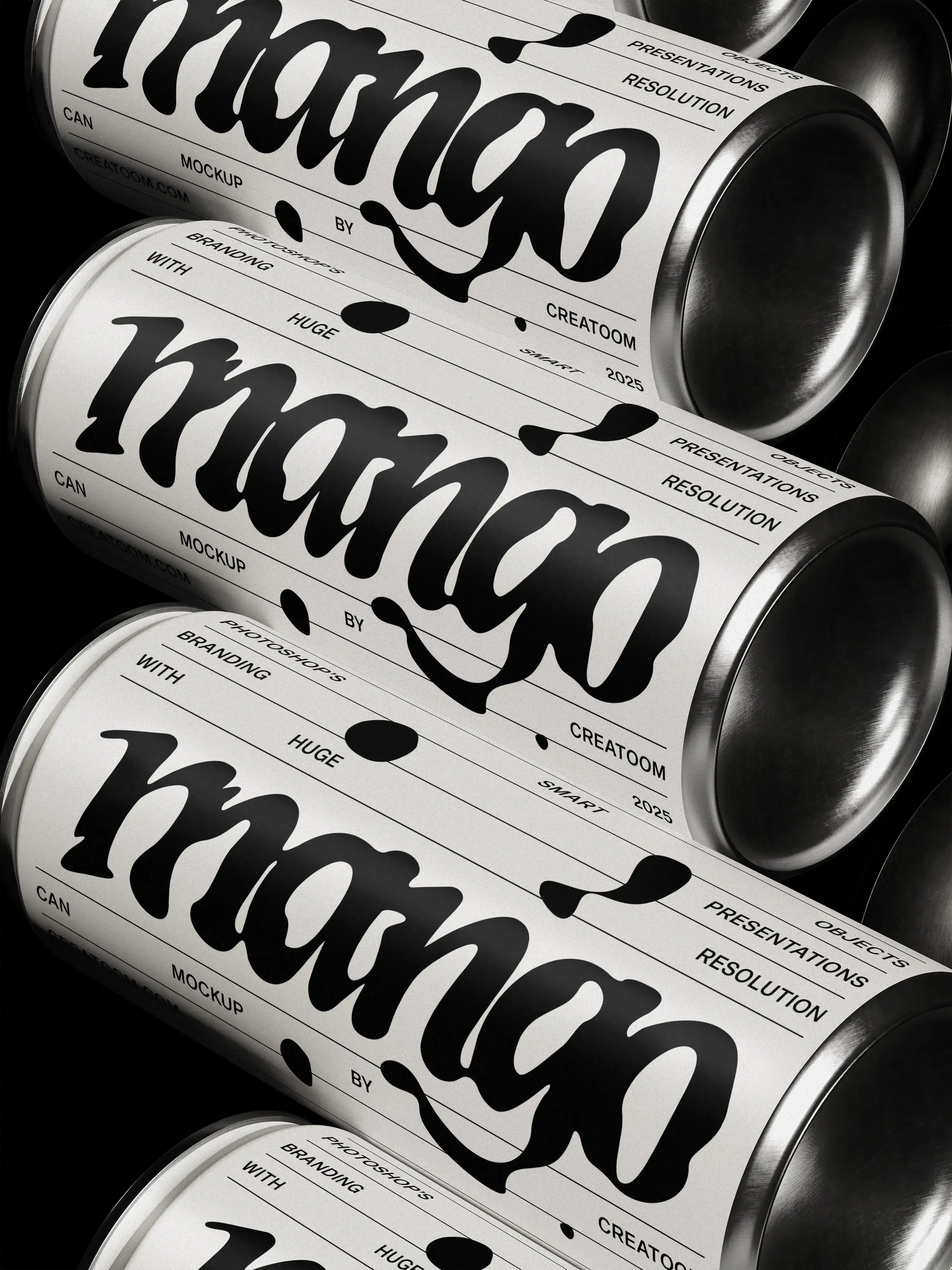 Close up of can labels with expressive black lettering on white background