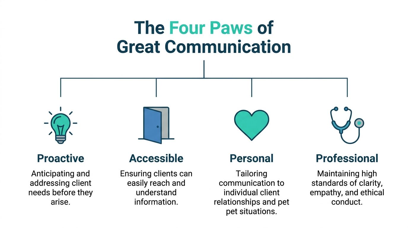A diagram titled The Four Paws of Great Communication displaying four key communication principles for veterinary professionals.