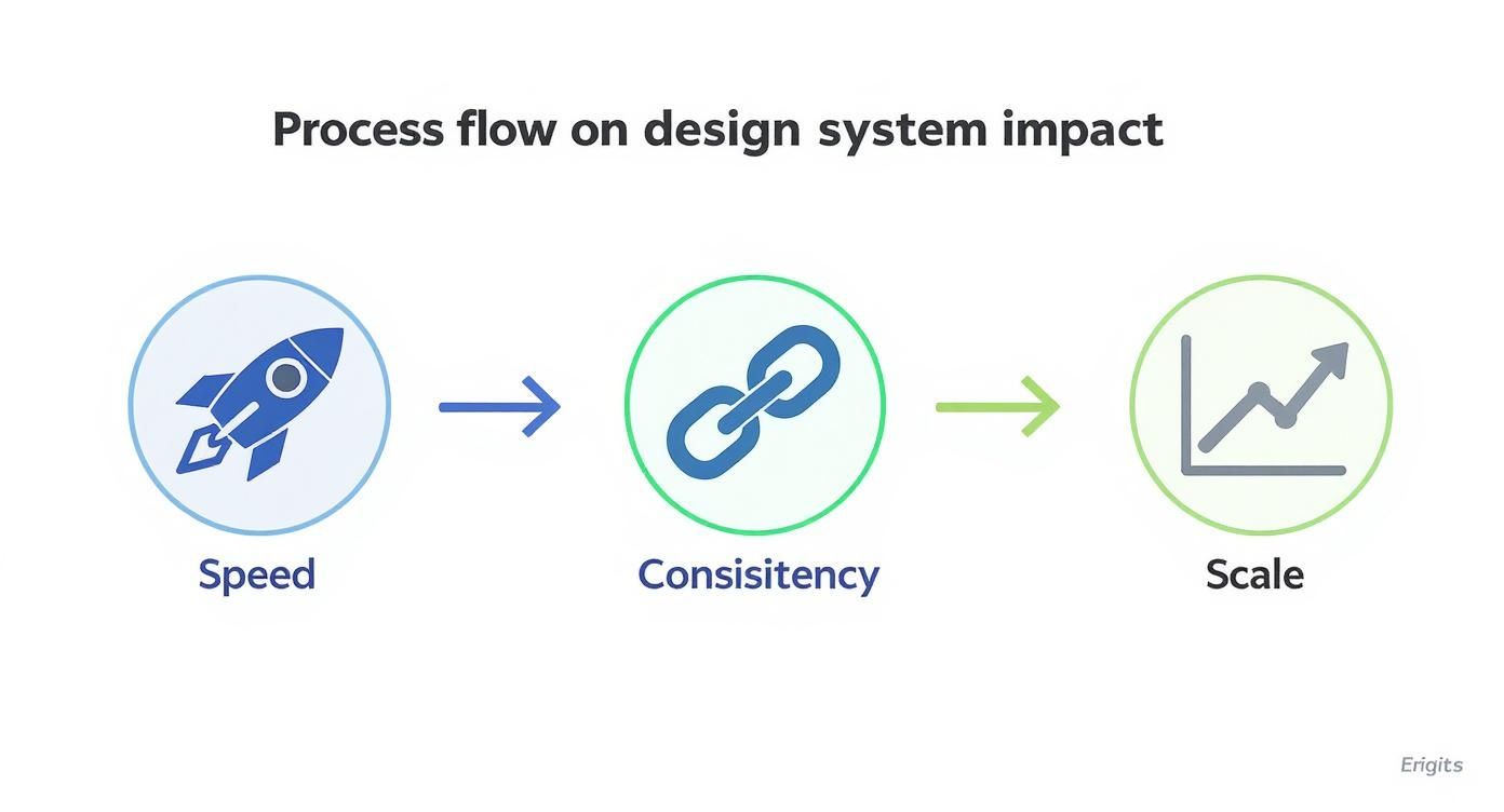 Process flow diagram showing design system impact through speed, consistency, and scale with connected icons