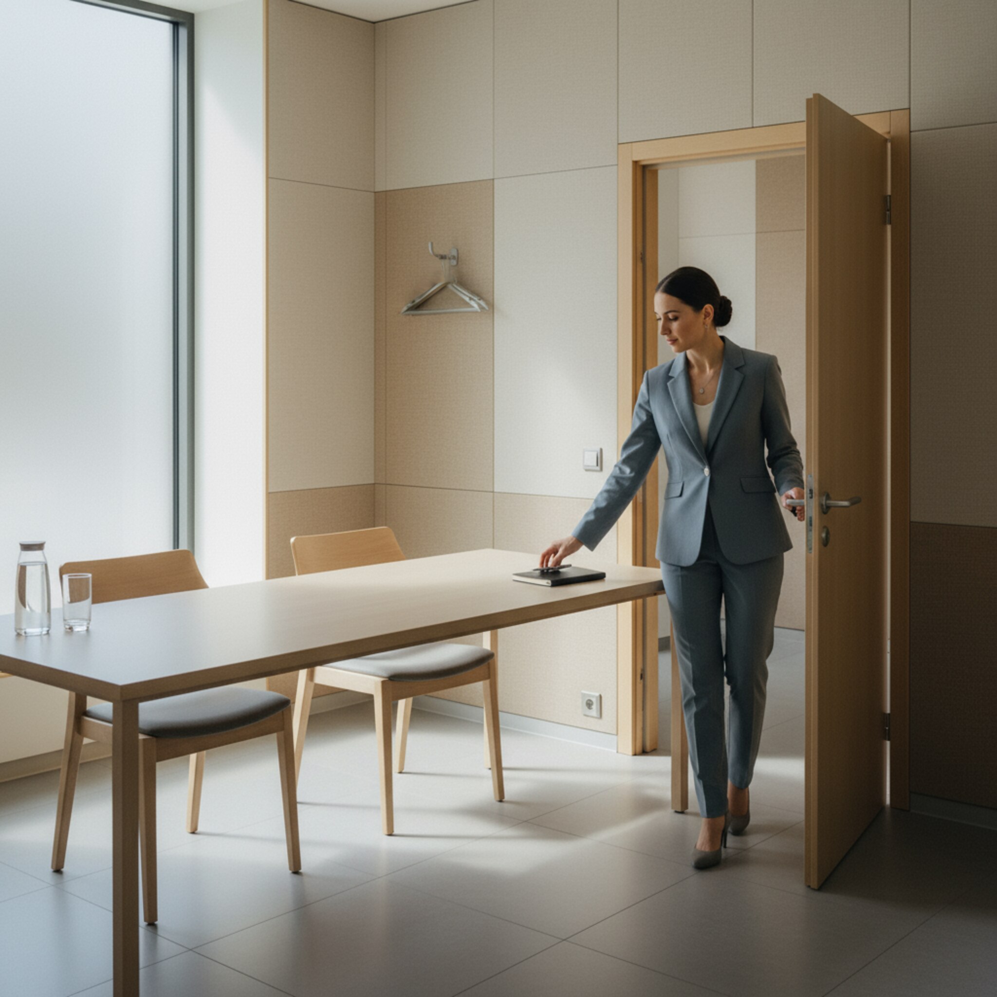 Ein neutraler Interviewraum mit zwei Stühlen, einem schlichten Tisch und akustischen Wandpaneelen. Eine Mitarbeiterin legt einen Notizblock bereit und öffnet die Tür für den nächsten Termin. Der Raum wirkt diskret, professionell und bereit für strukturierte Gespräche ohne Ablenkung.