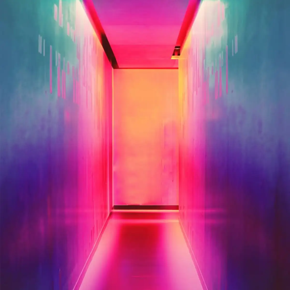 bstract corridor lit with shifting neon colours, representing a brand evolving while maintaining direction and structure.