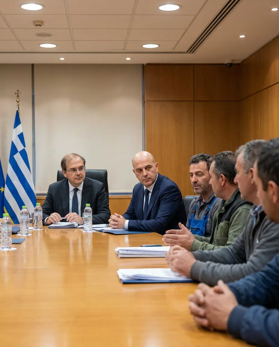 Kostis Hatzidakis and Konstantinos Tsiaras in a formal meeting with farmer representatives inside a Greek government building.