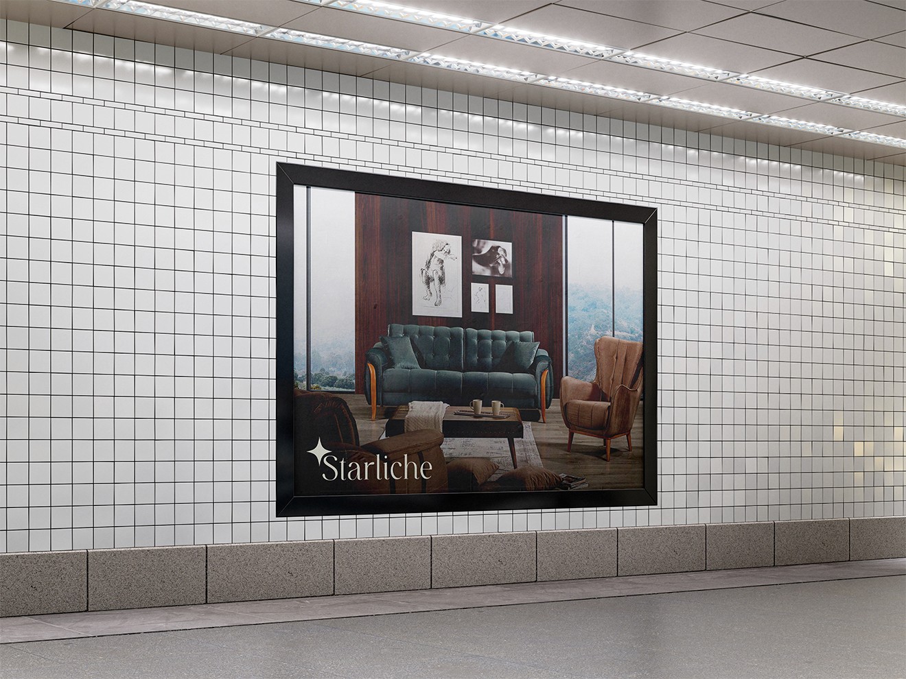 Large premium horizontal advertising billboard mockup for Starliche displaying luxury interior design furniture inside a white tiled underground subway station corridor.